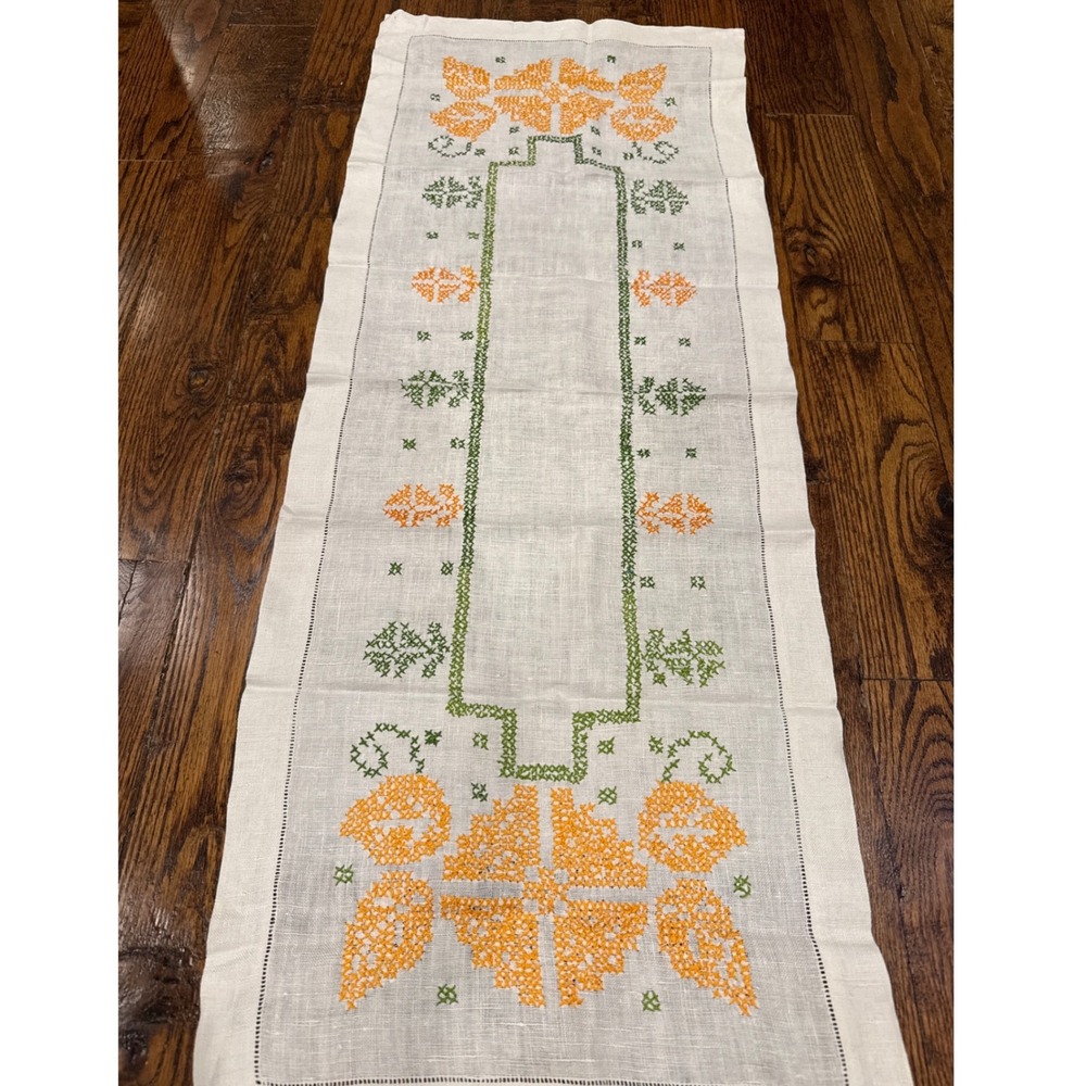 Vintage Hand Embroidered Linen Table Runner Hemstitched Cross Stitch 43x17 Boho